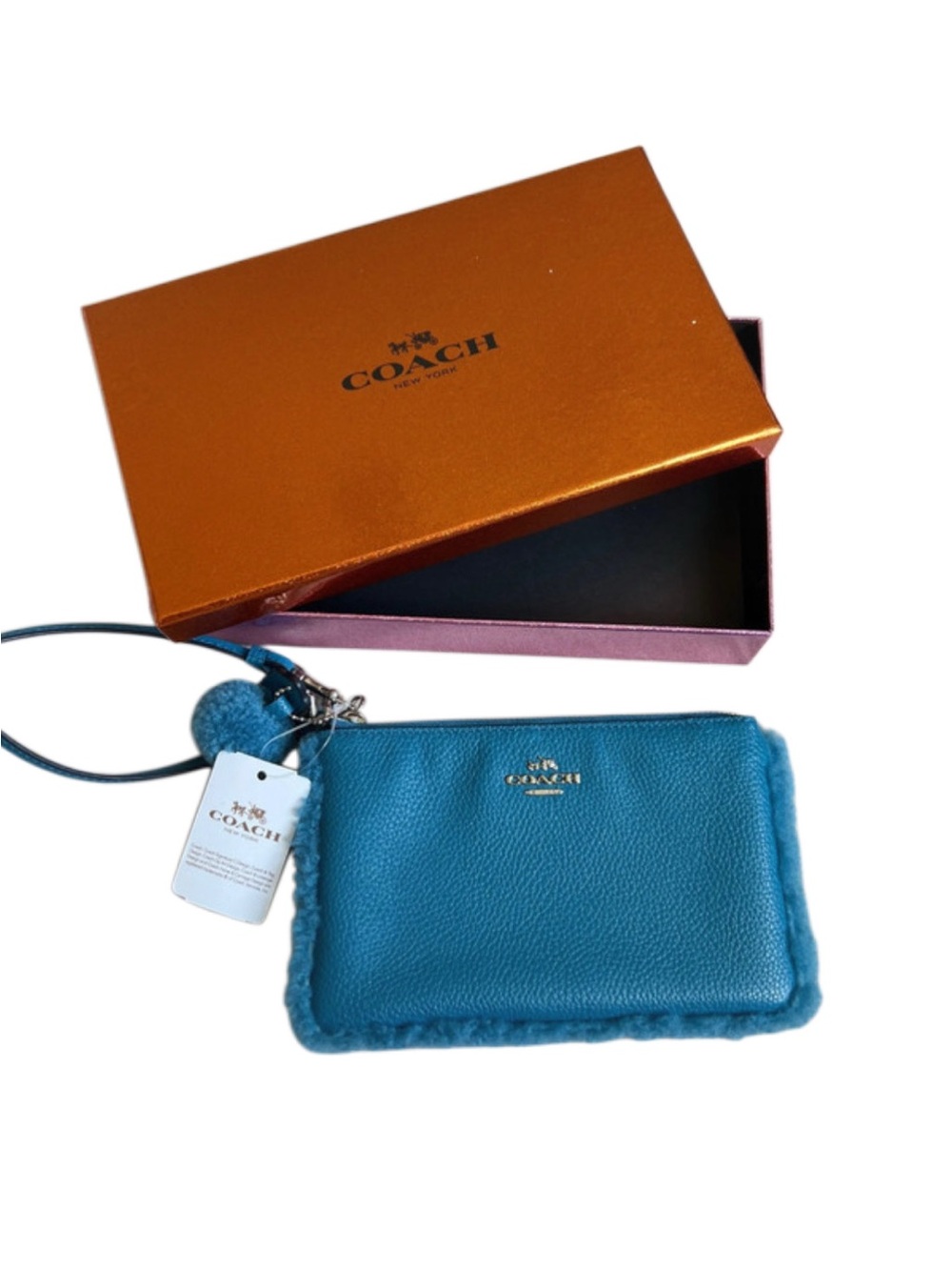 Coach Peacock Blue Nolita 15 Shearling Trim Pebbled Leather Wristlet